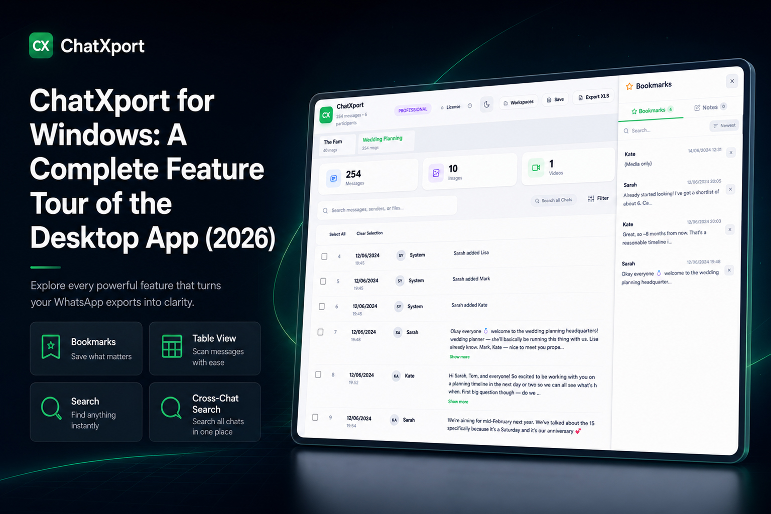 ChatXport desktop app for Windows showing a WhatsApp chat in the conversation view