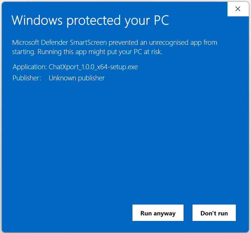 The Windows SmartScreen warning after clicking 'More info'. Shows the publisher information and a 'Run anyway' button.