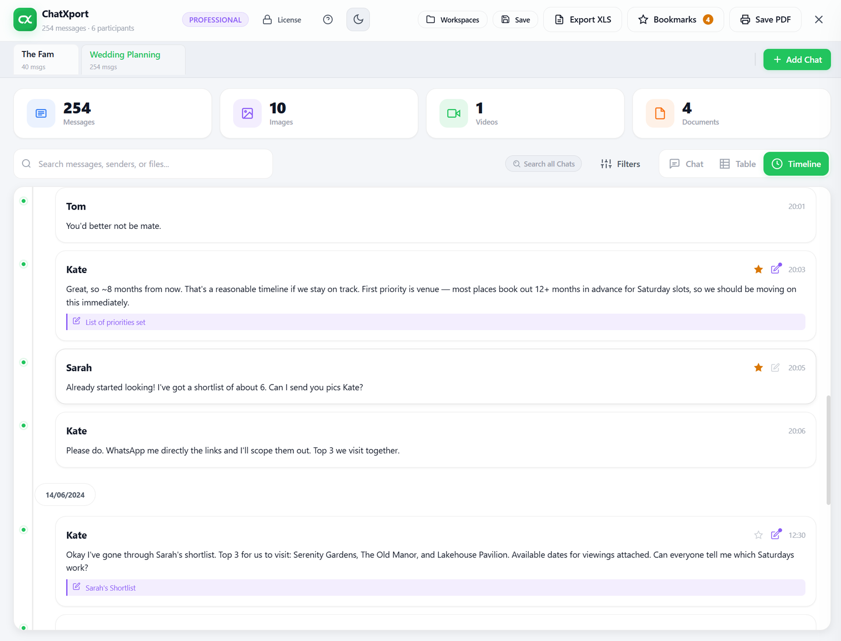 ChatXport timeline view